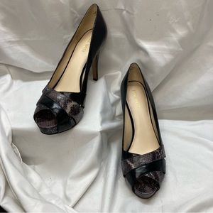 Nine West "Chrissy" Leather and Snake Pattern Open Toe High Heel Shoe Size 8 1/2